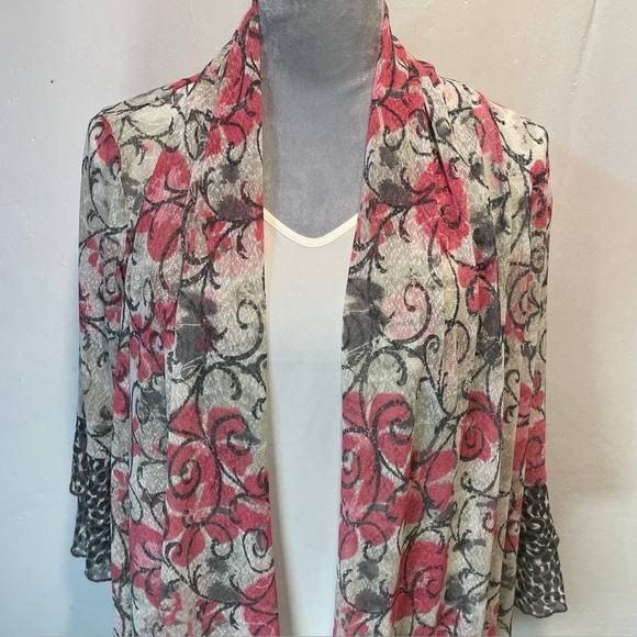#0231 MULTIPLES Floral Sheer Kimono Cardigan w/ Leopard Layered Flare Sleeves-S - Picture 2 of 9